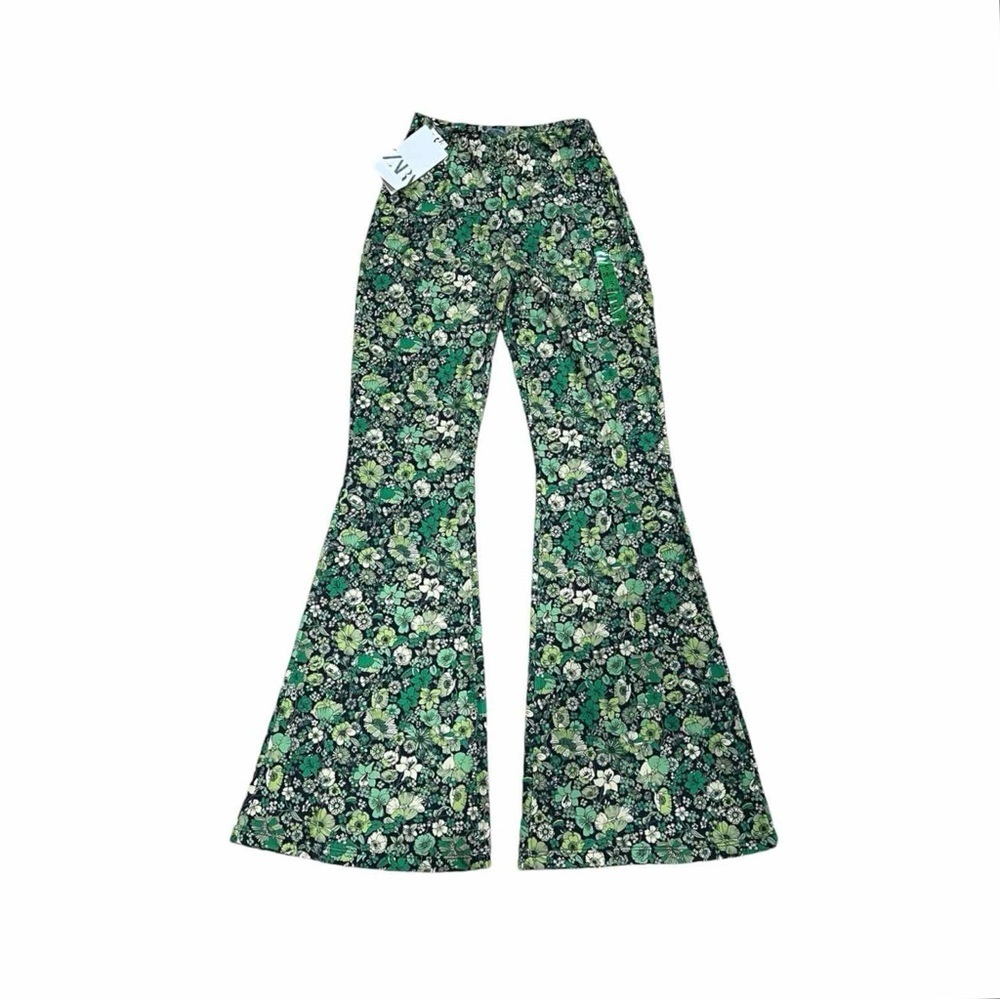 NWT Zara Green Floral Retro High Rise Flare Leggings Trouser Pants